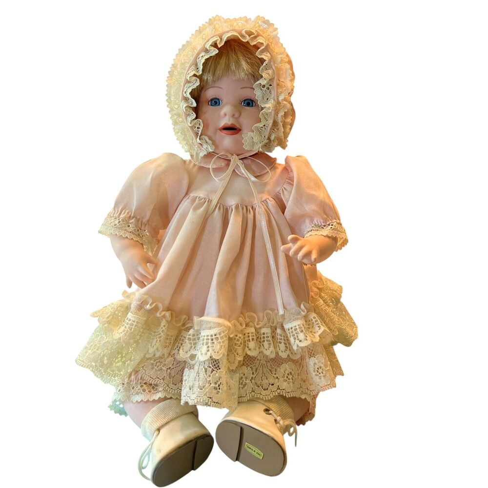 Vintage Porcelain Baby Doll Lace Dress Bonnet Shoes 24" Tall Collectible Doll